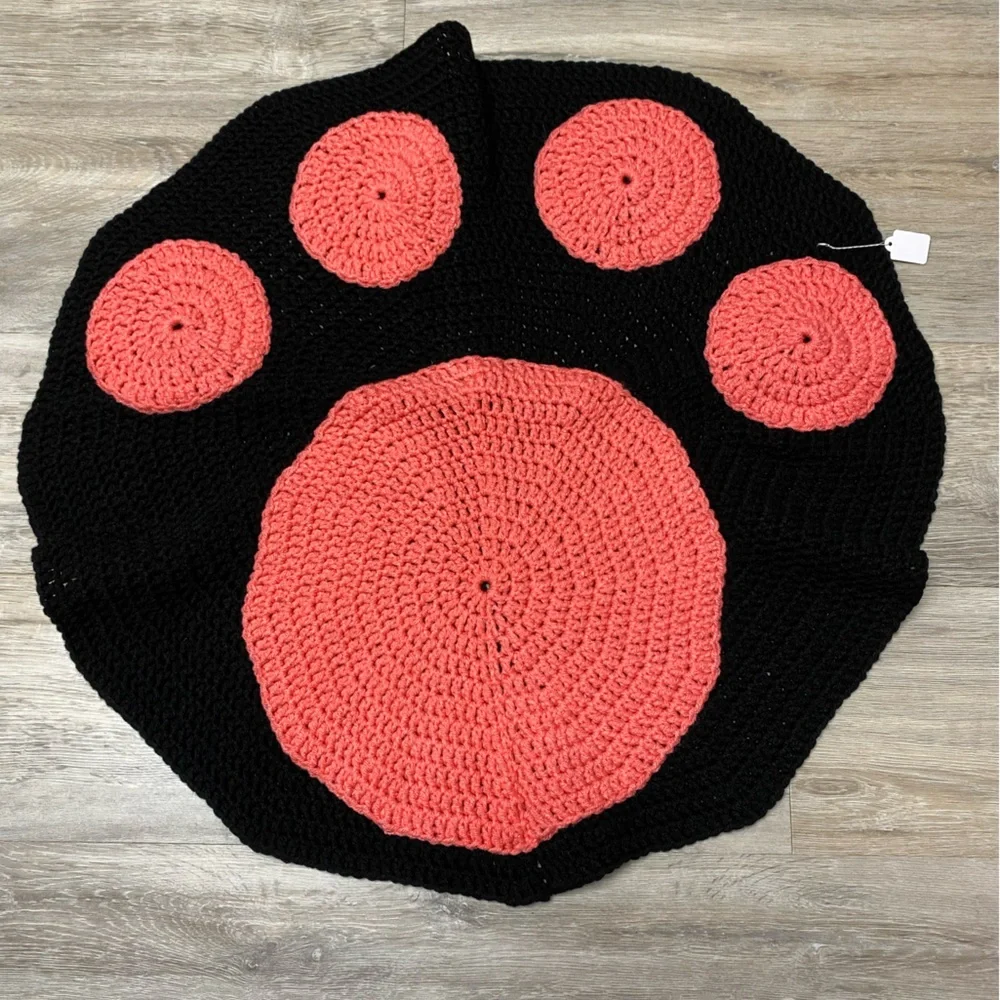 Black and Persimmon 26” handmade Crochet Paw Print Throw Rug